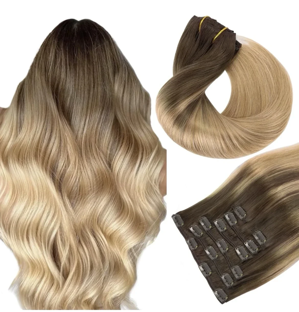 Extensiones de cabello con clip, 14” de cabello humano real, color marrón chocolate a rubio oscuro, extensiones de cabello Remy lacio, 35,5 cm, 120 g, 7 unidades