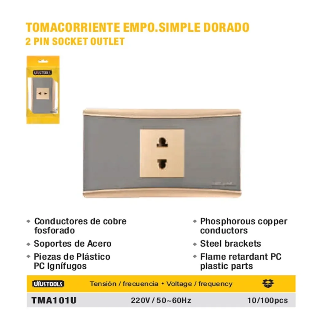 PLACA TOMACORRIENTE SIMPLE dorado UYUST 220V/60Hz