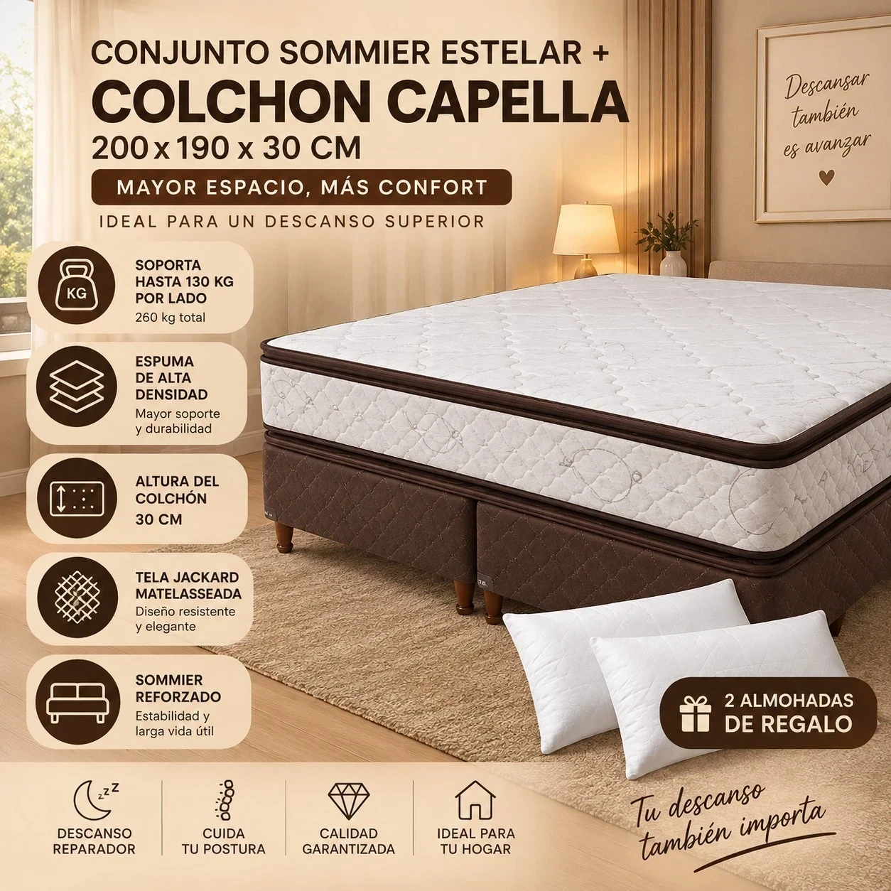 CONJUNTO SOMMIER ESTELAR + COLCHÓN CAPELLA KING  190 × 200 × 30 cm | ESPUMA DE ALTA DENSIDAD | 2 ALMOHADAS DE REGALO  CONSULTAR DISPONIBILIDAD CON EL VENDEDOR
