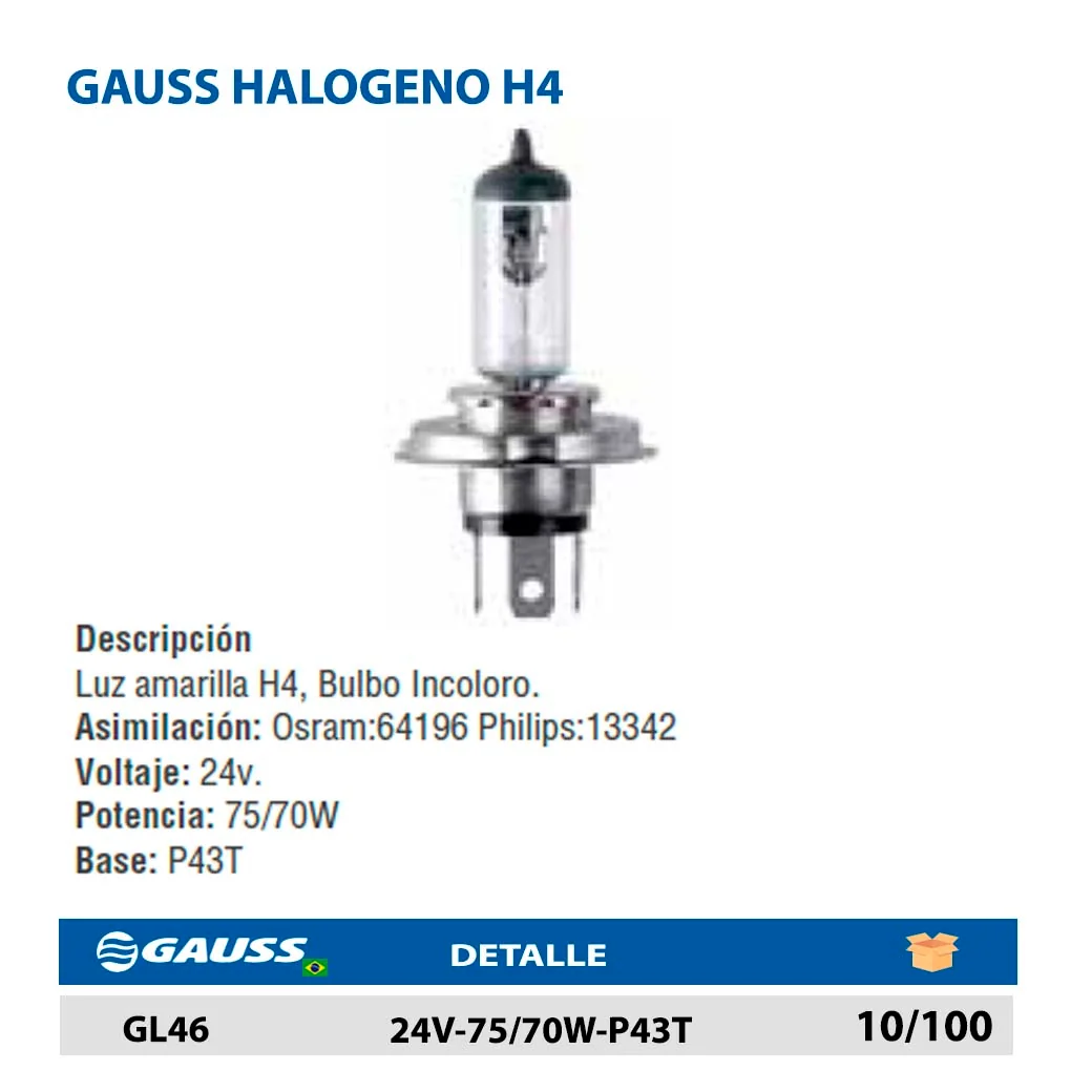 GAUSS HALOGENO H4 24V-75/70W-P43T