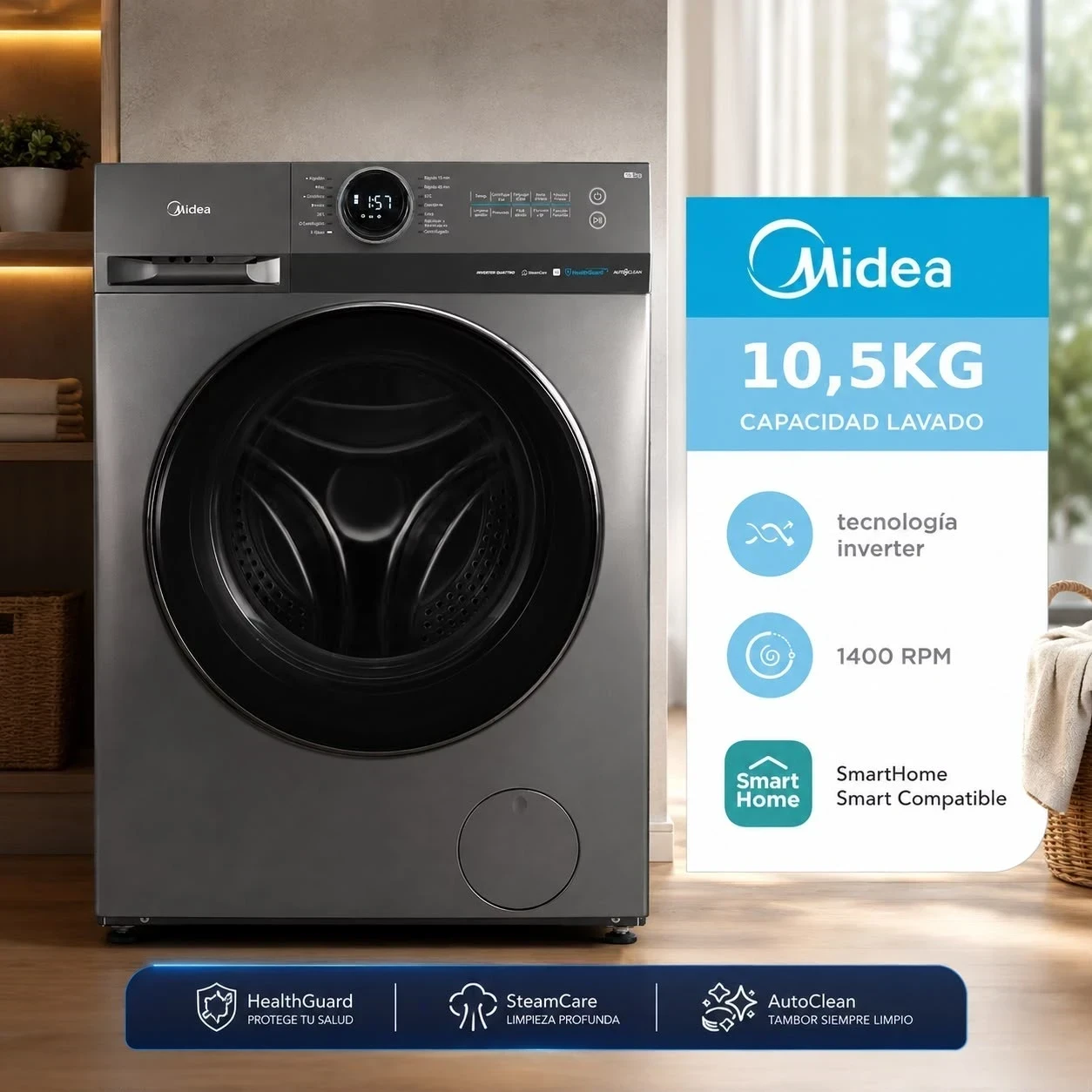 LAVARROPAS MIDEA 10,5KG  INVERTER 10,5 TITANIUM WI-FI 1400 RPM ‼️SOLO POR PEDIDO ‼️
