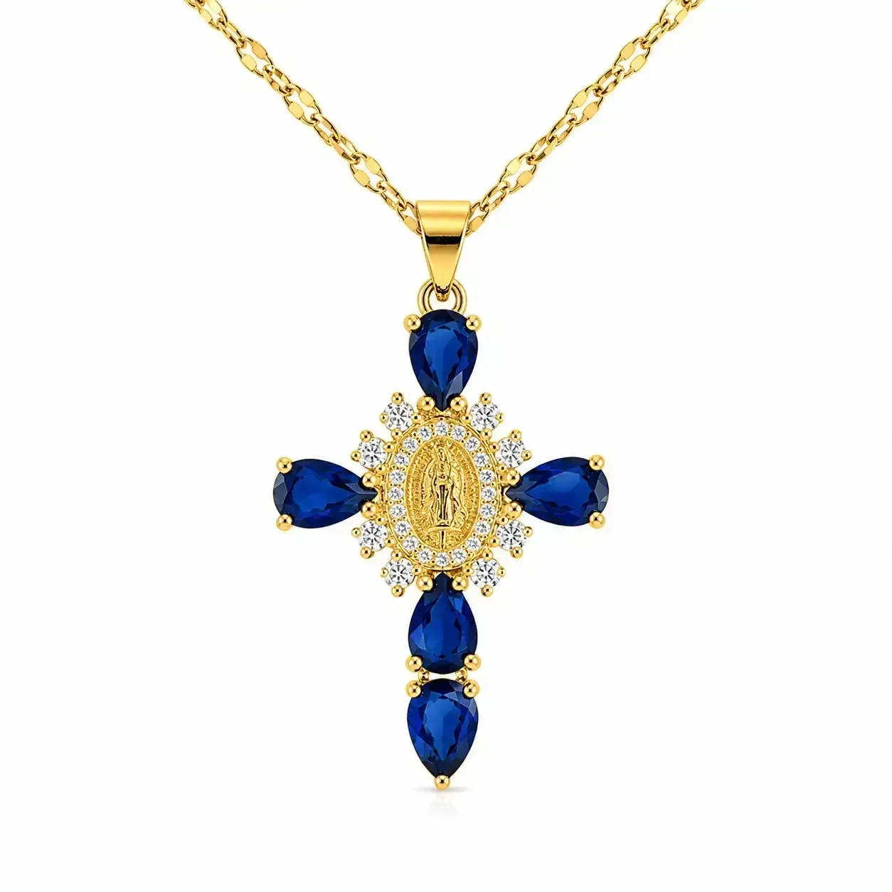 Cadena Y Dije En Acero Con Piedra Circon De Cruz Virgen De Guadalupe Azul