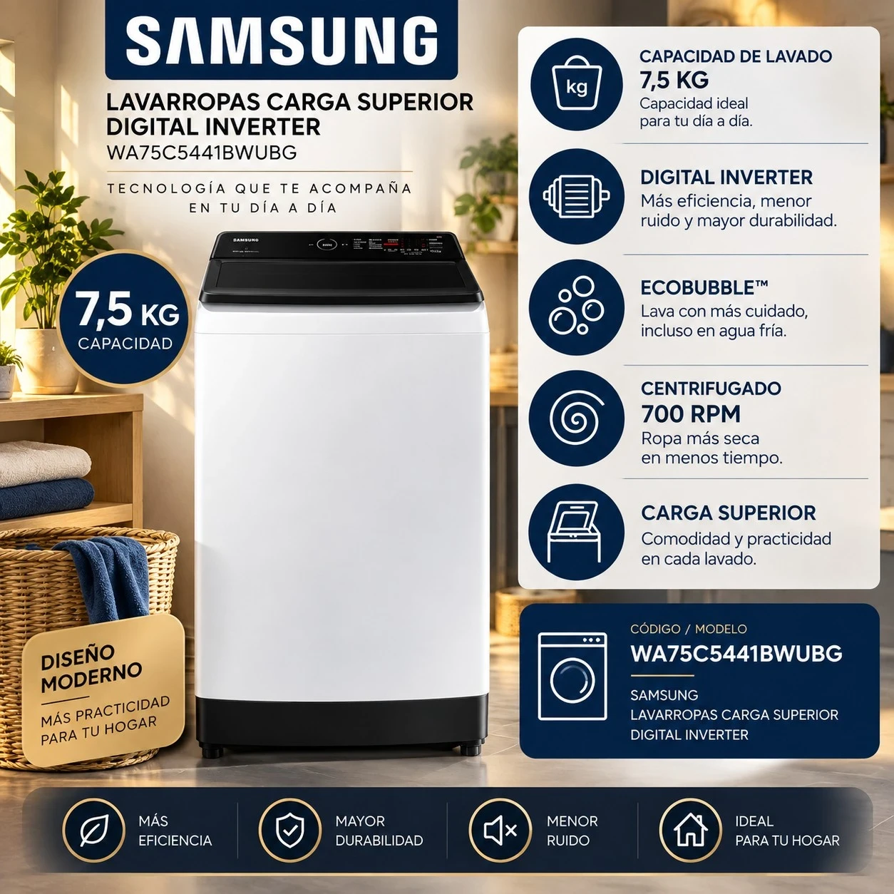 LAVARROPAS SAMSUNG CARGA SUPERIOR 7,5 KILOS BLANCO CONSULTAR DISPONIBILIDAD CON EL  VENDEDOR
