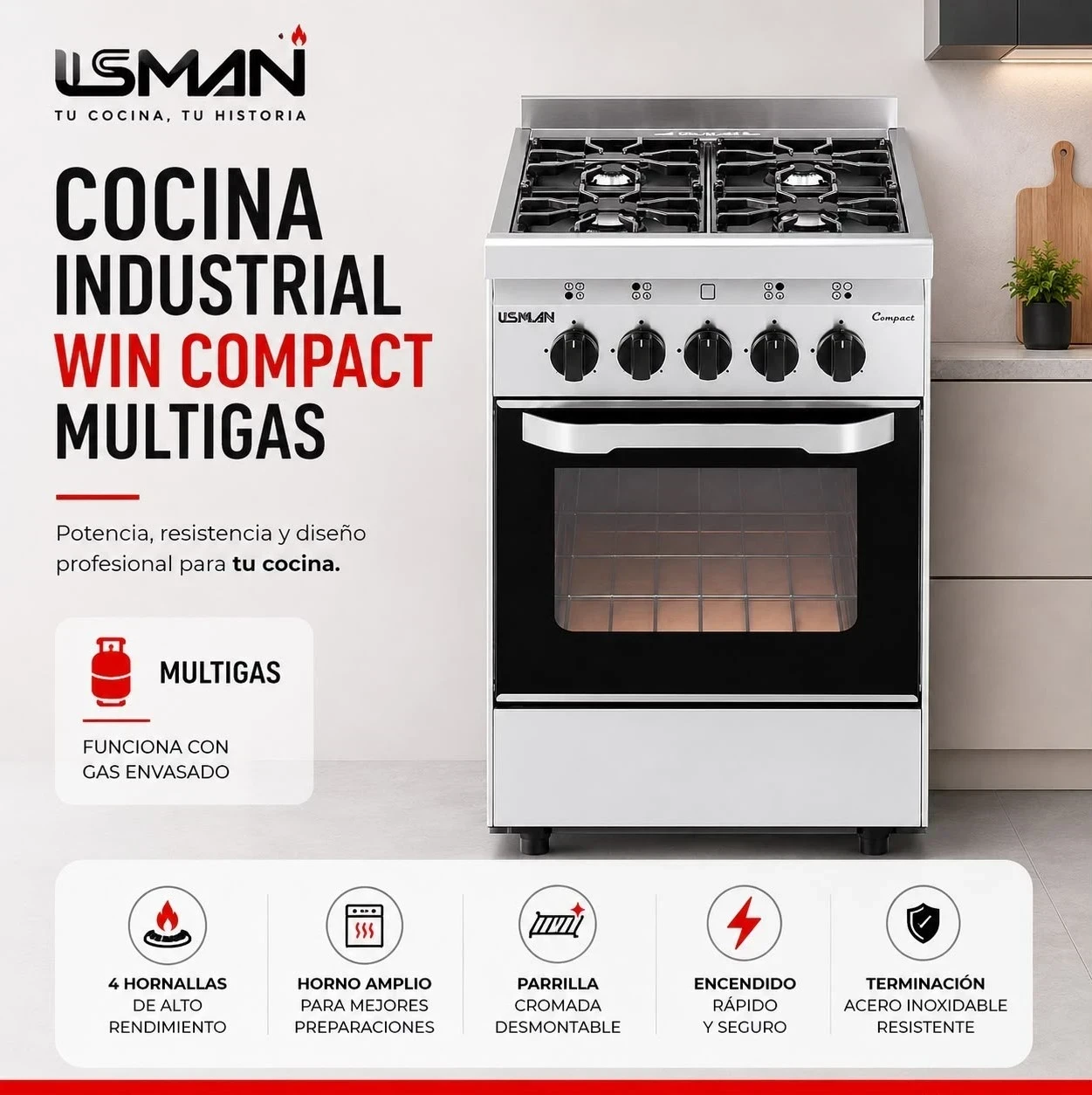 Cocina Industrial Usman Win Compact Multigas 52Cm*