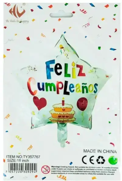 Globo 18" en forma de estrella con temática feliz cumpleaños