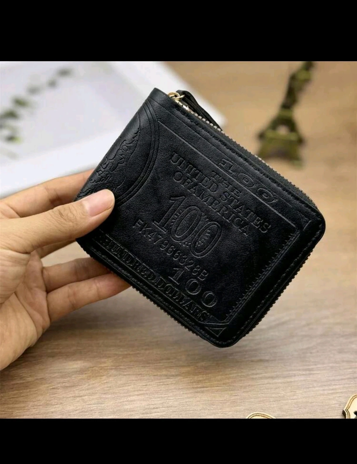 Billetera con Cierre para Caballero Negra – Cartera con Cremallera y Relieve de 100 Dólares en Cuero PU de Alta Seguridad