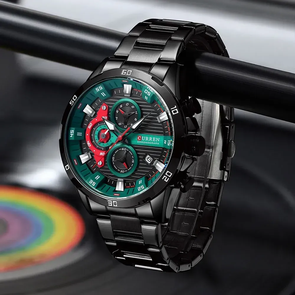Reloj Curren Original Acero Cronografo 8402 Negro Fondo Negro Detalles Verdes Con Rojo 3