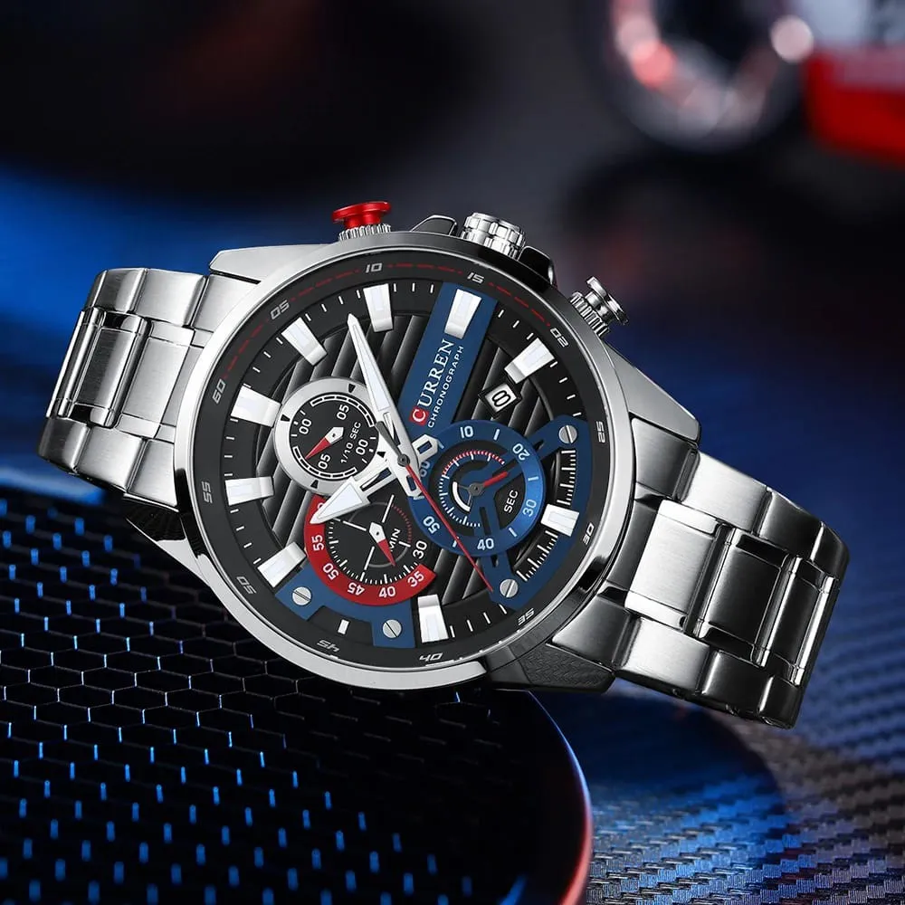 Reloj Curren Original Acero Cronografo 8415 Plateado Fondo Negro Azul Rojo 4