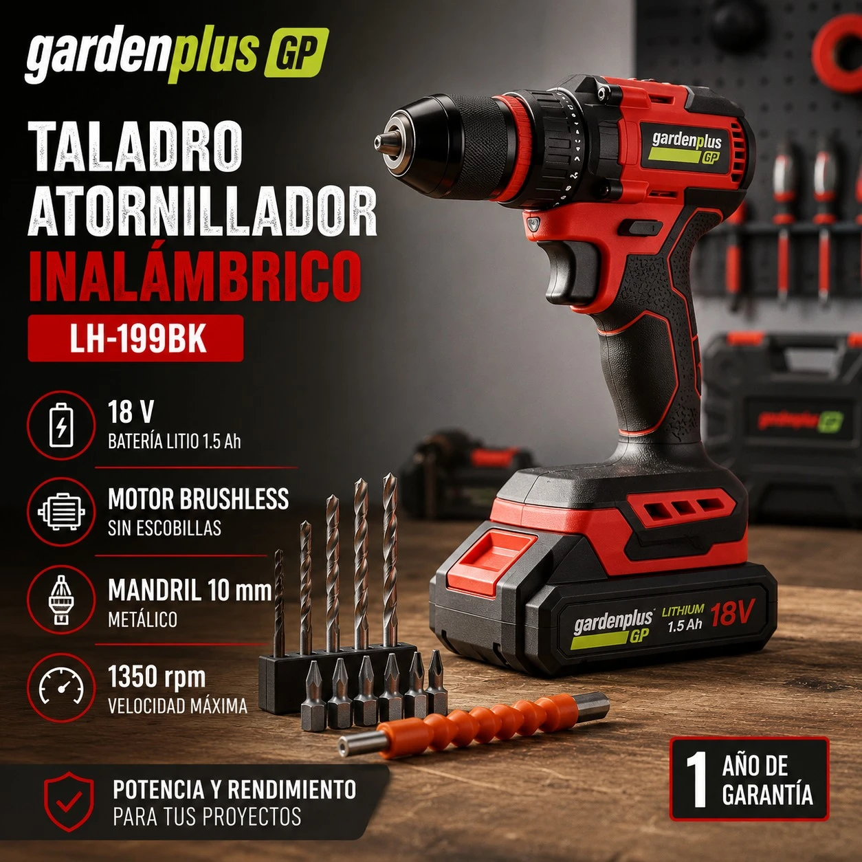 TALADRO ATORNILLADOR INALÁMBRICO GARDENPLUS LH-199BK