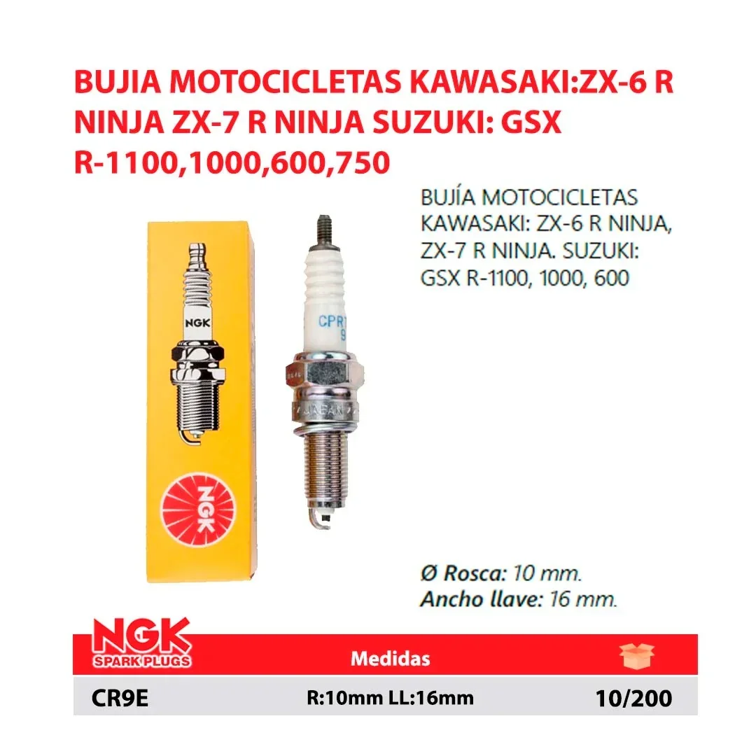 BUJIA MOTOCICLETAS KAWASAKI:ZX-6 R NINJA ZX-7 R NINJA SUZUKI: GSX R-1100,1000,600,750 R:10mm LL:16mm