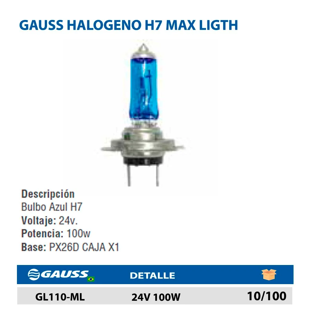 GAUSS HALOGENO H7 MAX LIGTH 24V 100W