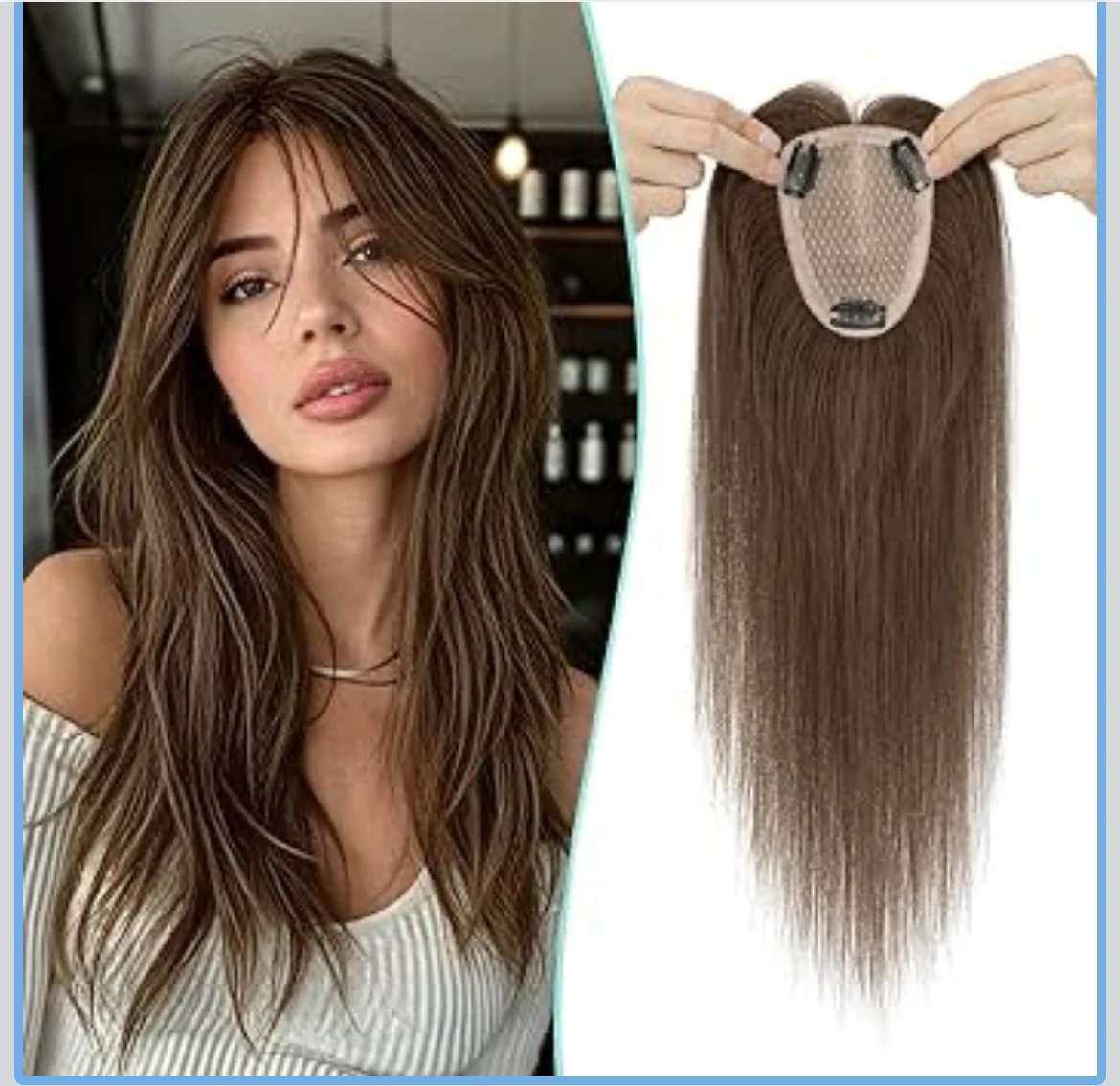 Topper de cabello humano , base de seda de 3.5 x 4.7 in, sin flequillo, densidad del 150%, pieza de cabello 100% Remy para cabello fino, marrón oscuro, 14 pulgadas