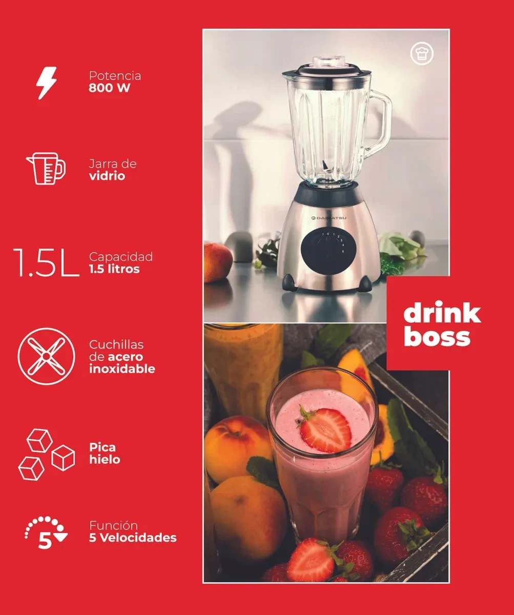 Licuadora De Vaso Daihatsu Degroff Sb-4350 1,5l 5 Velocidades Jarra Vidrio 800w Base Acero Inoxidable 3