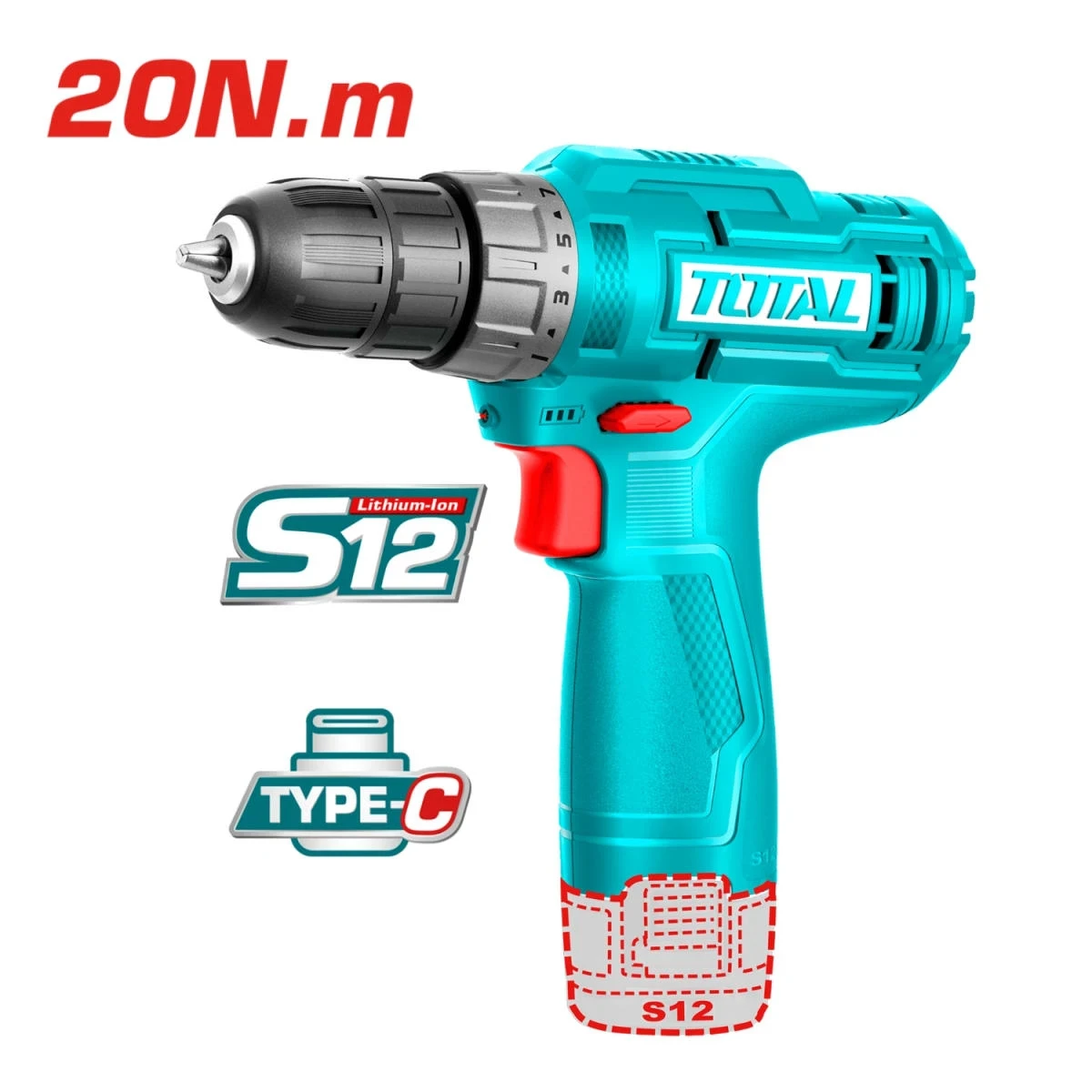 TDLI12428 Taladro atornillador 12v 20nm + batería tipo c total SKU:  3