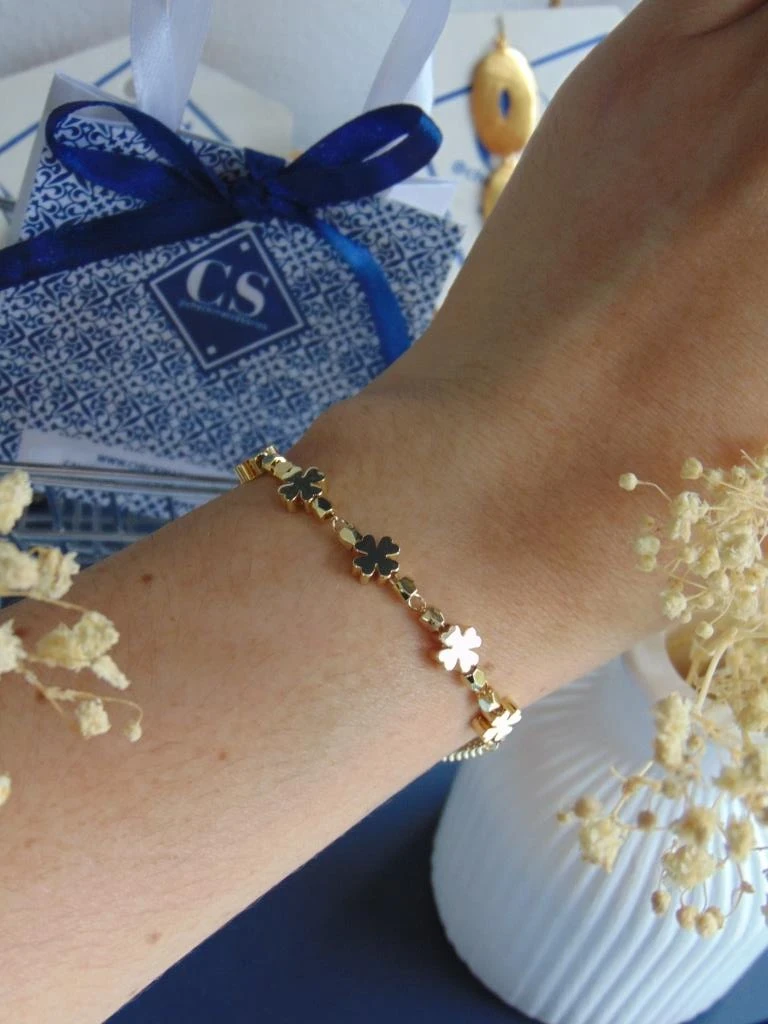PULSERA RODIO DOR 5 TREBOLES GLOBO 6MM | 16CM LARGO + EXTENSOR