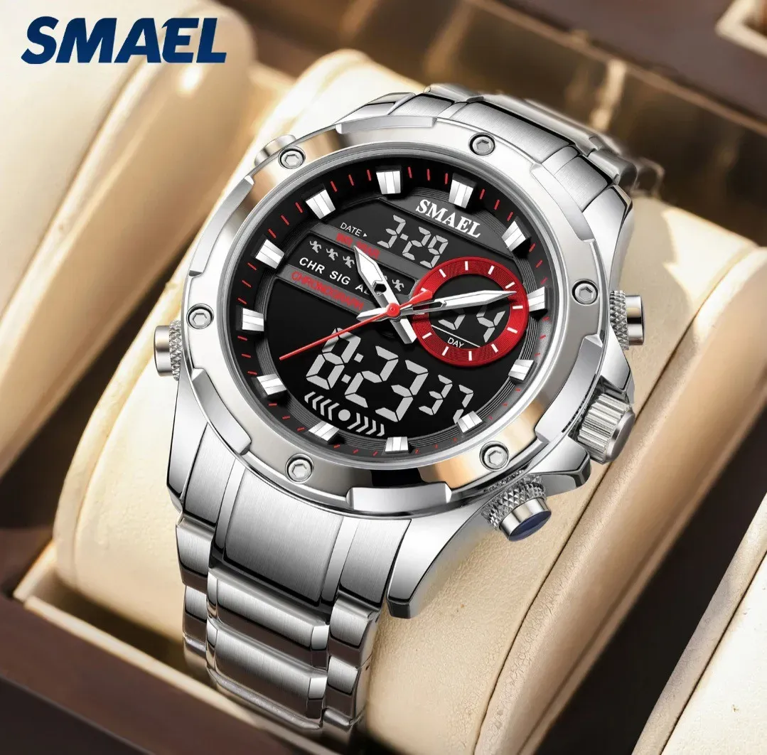 Reloj Smael Original Acero Doble Hora 6050 Sumergible Plateado Fondo Negro Detalles Rojos 4