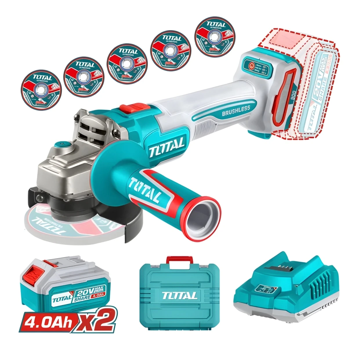 TAGLI261522 Amoladora 4½" 900w + 2 baterías 4ah y cargador total 