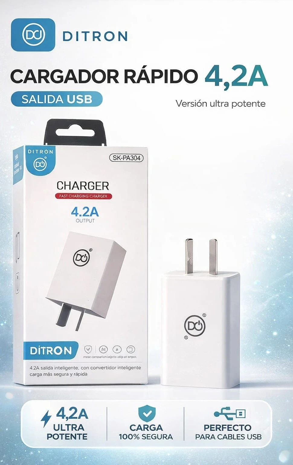 CARGADOR CELULAR DYTRON 4,2A, SALIDA USB, CARGA RÁPIDA