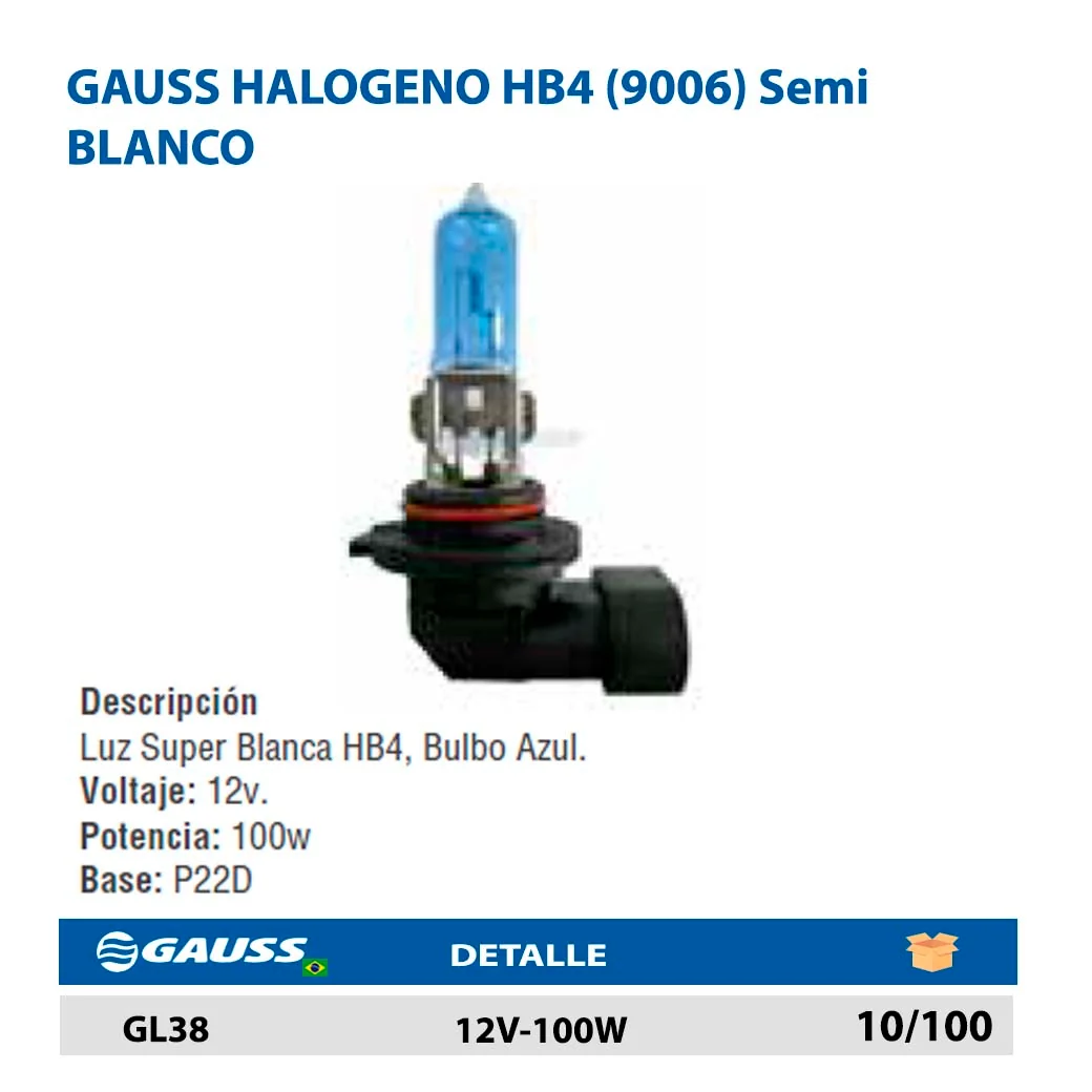 GAUSS HALOGENO HB4 (9006) Semi BLANCO 12V-100W