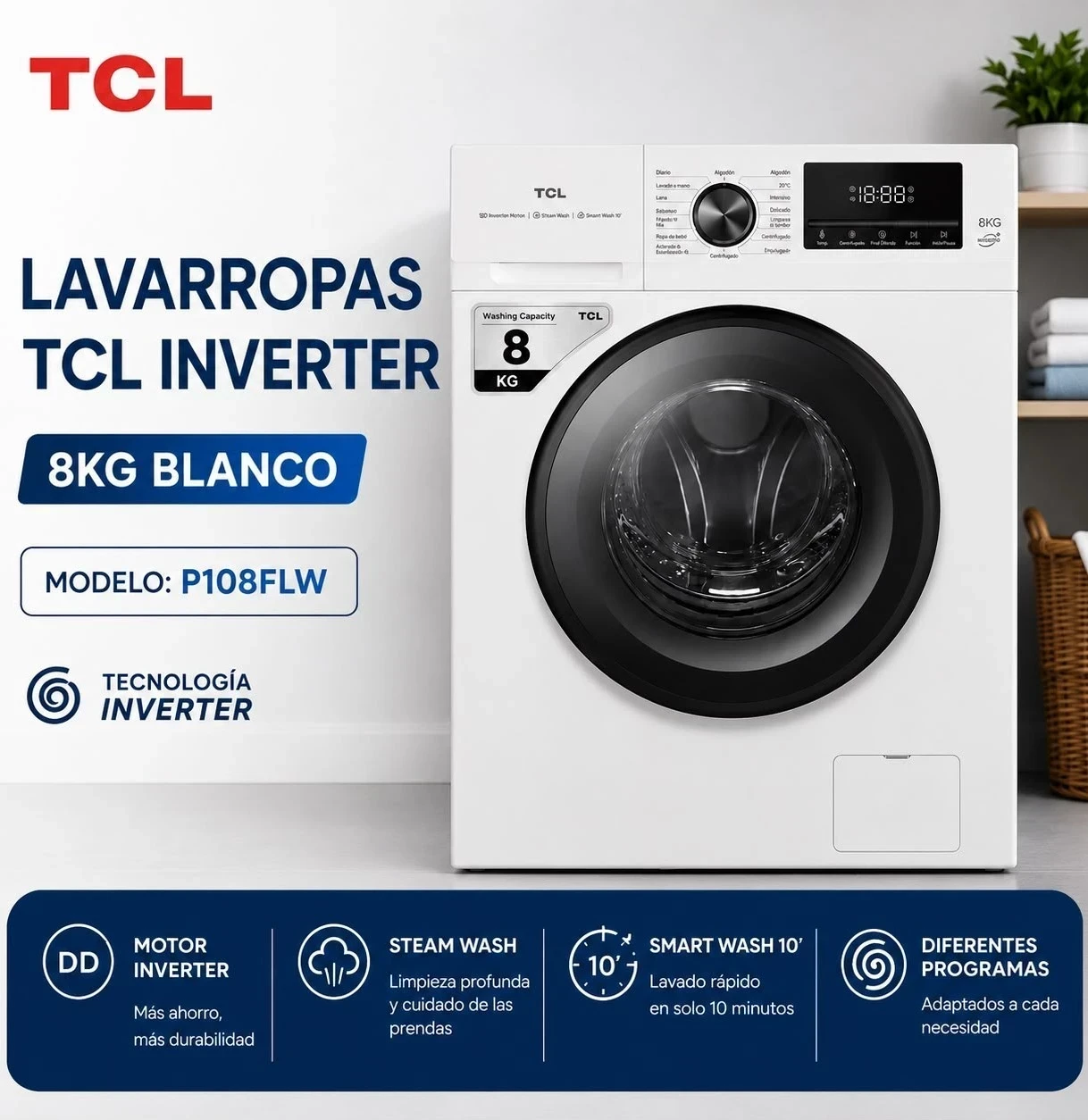 LAVARROPAS TCL 8KG INVERTER CARGA FRONTAL*