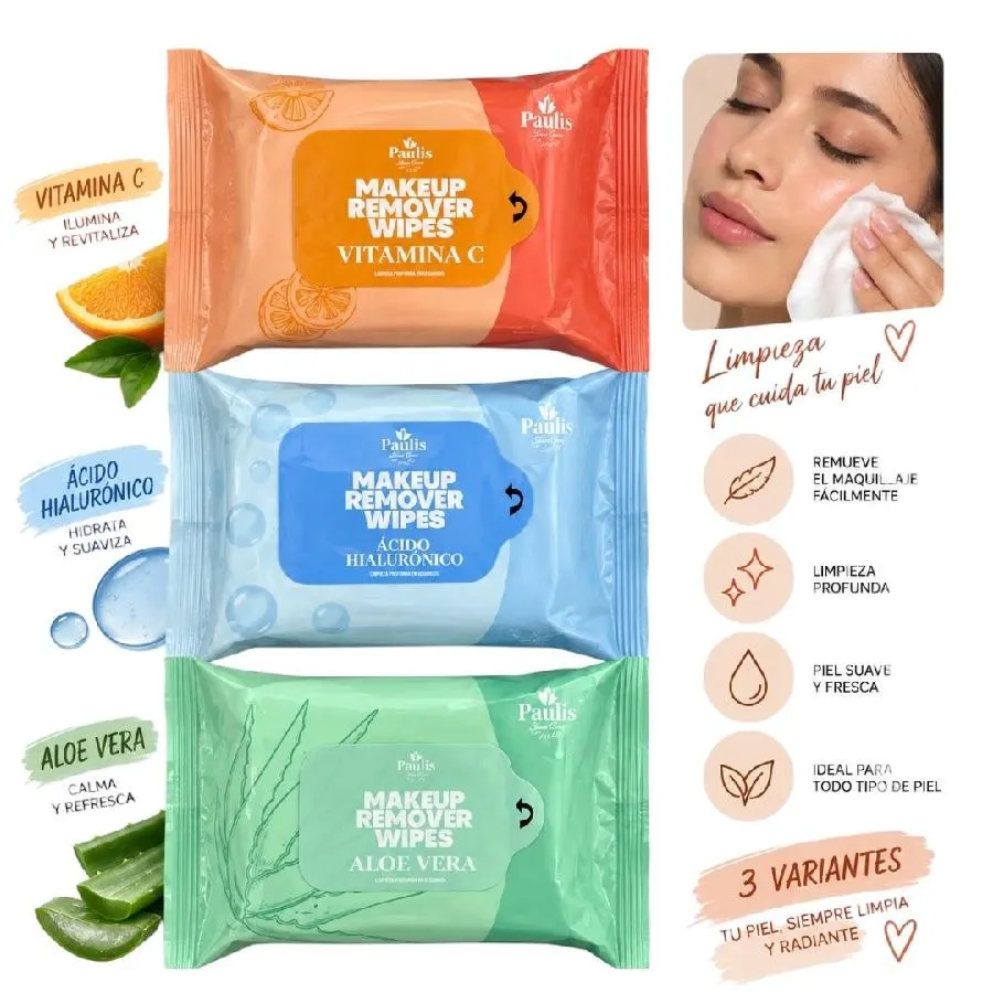toallas desmaquillante vitamina c, acido hialurónico y aloe vera paulis