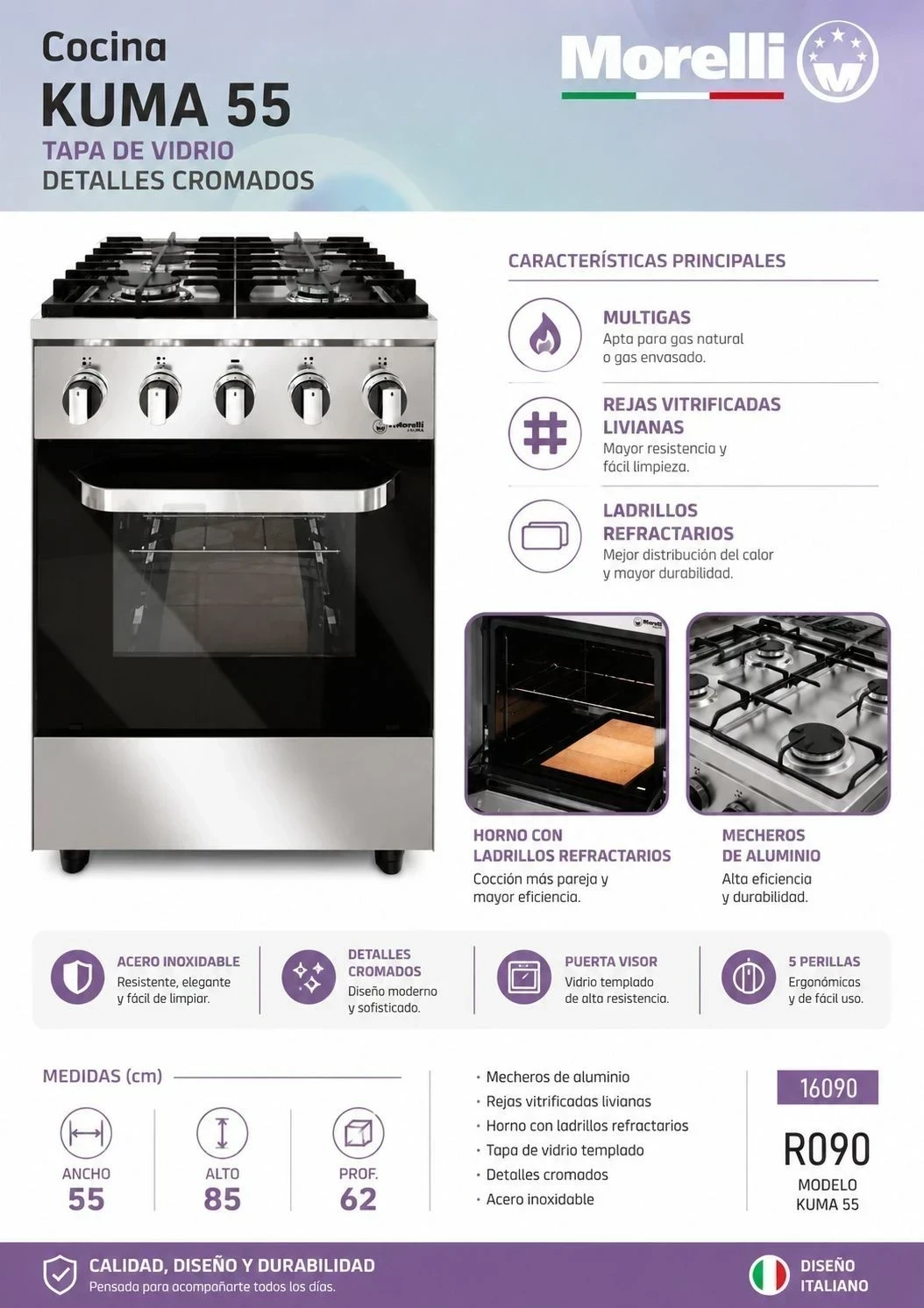 COCINA MORELLI ACERO/CROMADA 55CM TAPA VIDRIO