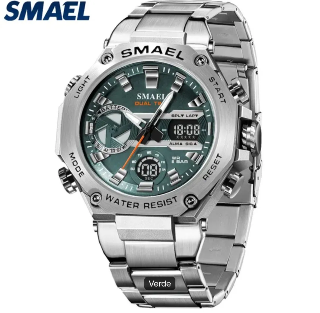 Reloj Smael Original Acero Doble Hora 8097 Sumergible Plateado Fondo Verde