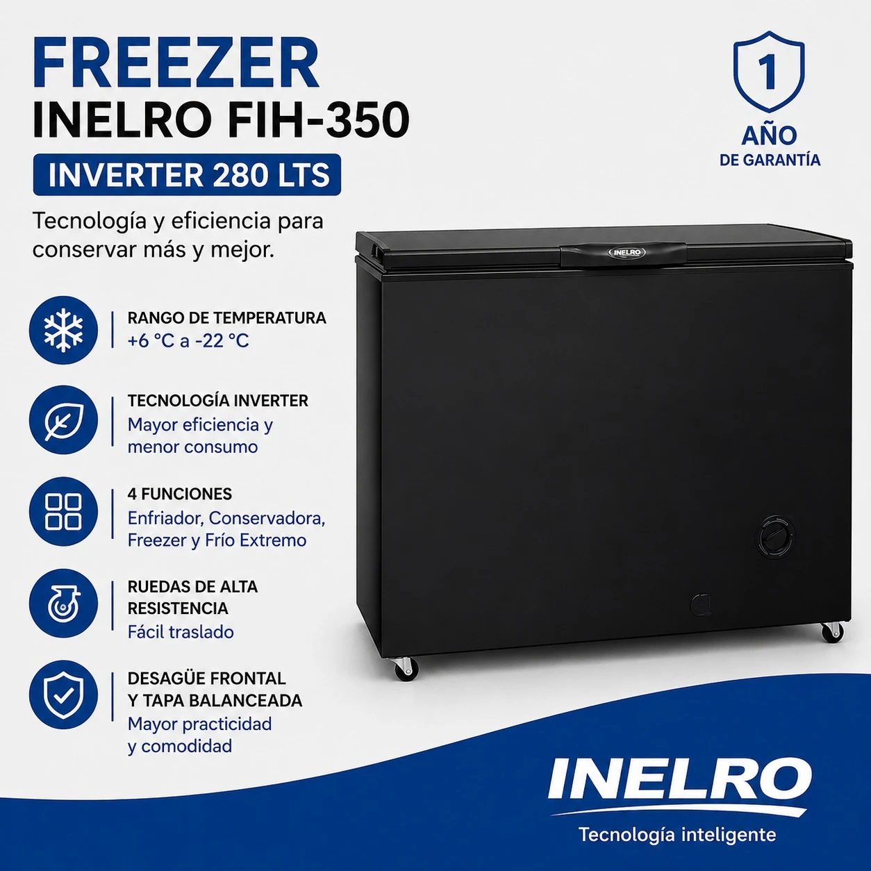 FREEZER HORIZONTAL INELRO FIH-350 A++ - 280LTS NEGRO