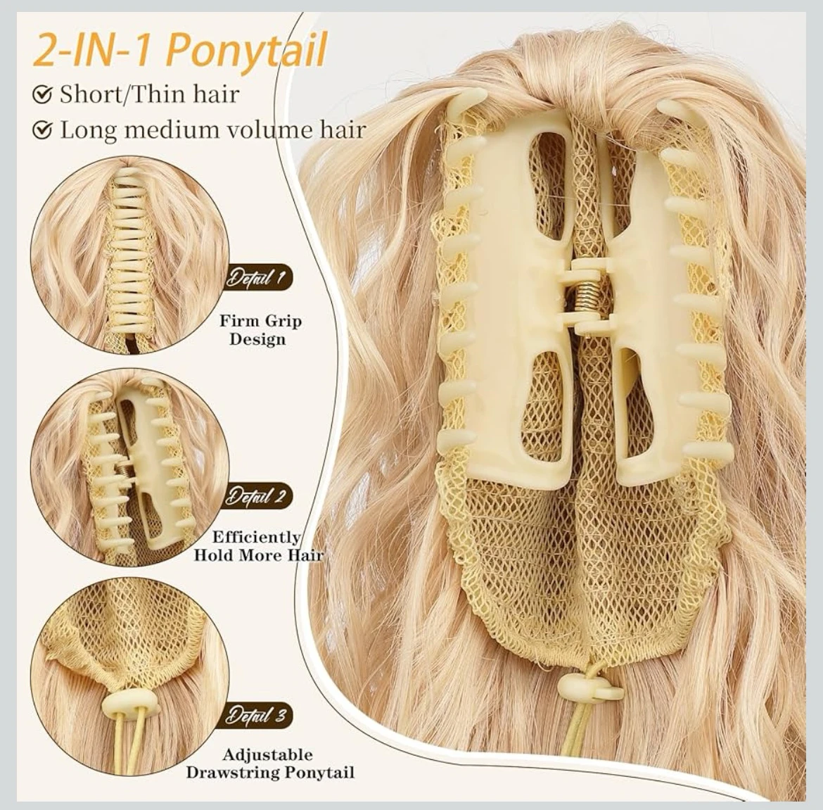 Extensión de coleta de cabello de garra, de 26 pulgadas, rizada, sintética, esponjosa, de aspecto natural, 2