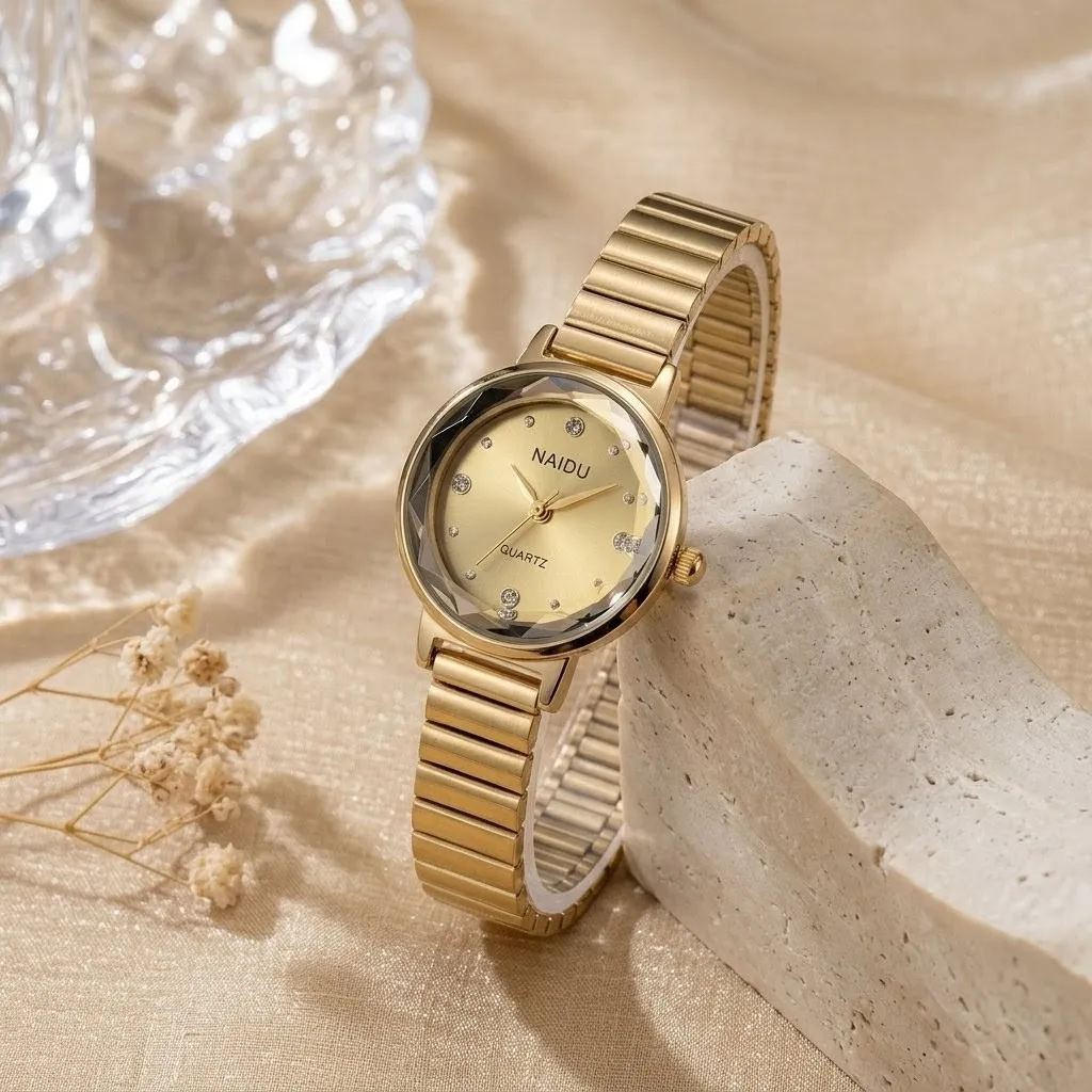 Reloj Naidu Original Acero Análogo Redondo Dorado Fondo Dorado
