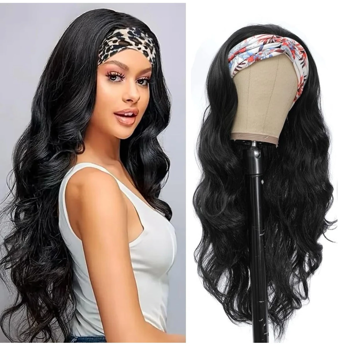 Peluca de cabello humano ondulado con diadema sin pegamento,  24 pulgada 