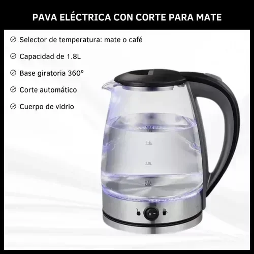 Pava Eléctrica Oryx Jarra Acero y Vidrio 1,8lt Corte Mate 2