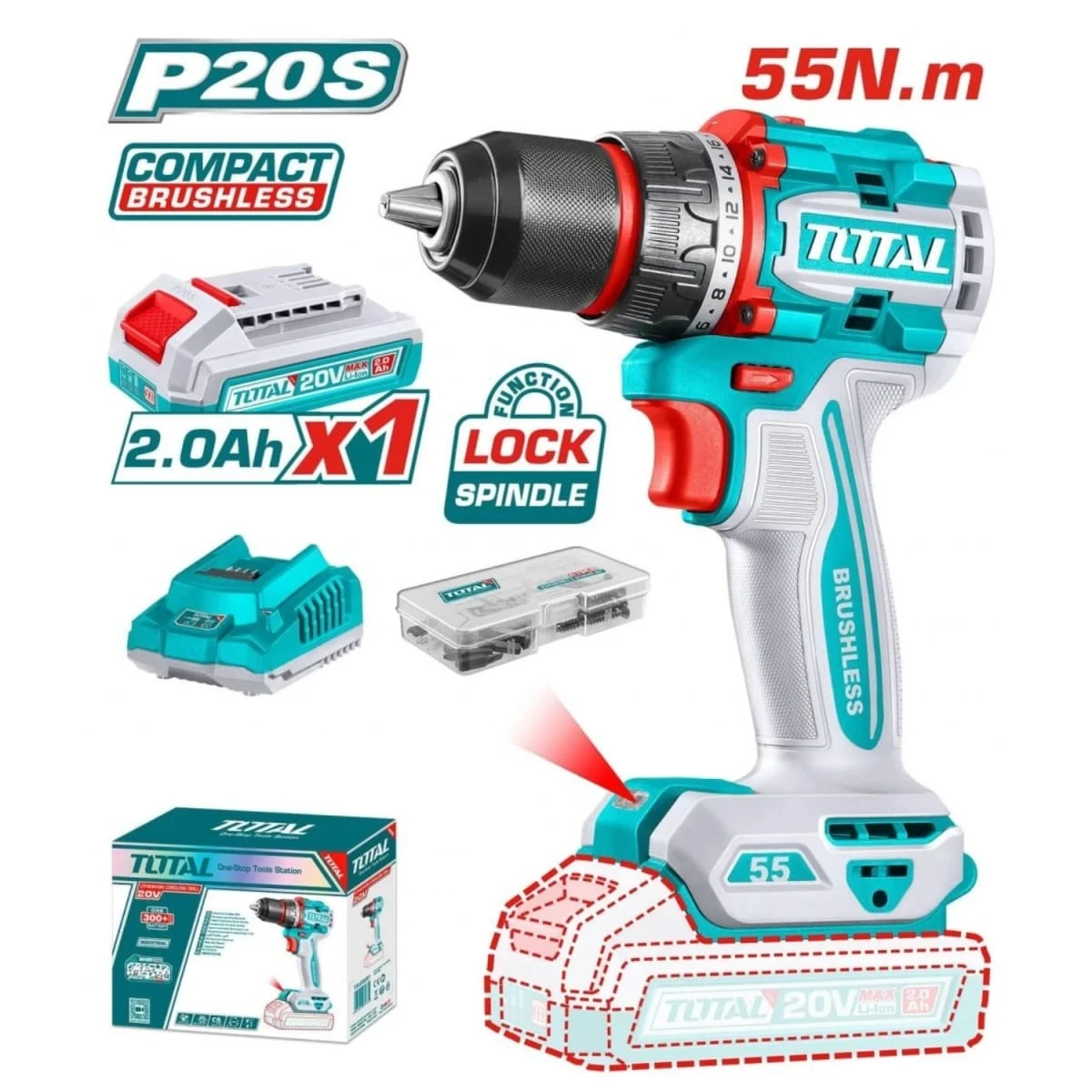 TDLI205582 Taladro atornillador 55nm 20v incluye batería y cargador tdli205582 total