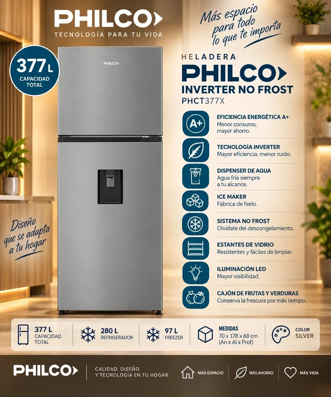HELADERA PHILCO INVERTER NO FROST 377L SILVER CONSULTAR DISPONIBILIDAD CON EL VENDEDOR