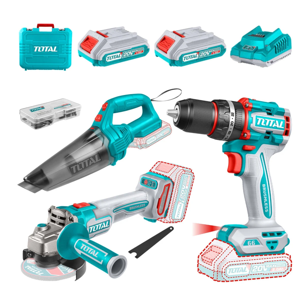 TAGLI21154-TIDLI20668-TVLI201261 Amoladora angular 4 ½" inalámbrica total + taladro percutor 66nm con bateria y cargador + aspiradora total