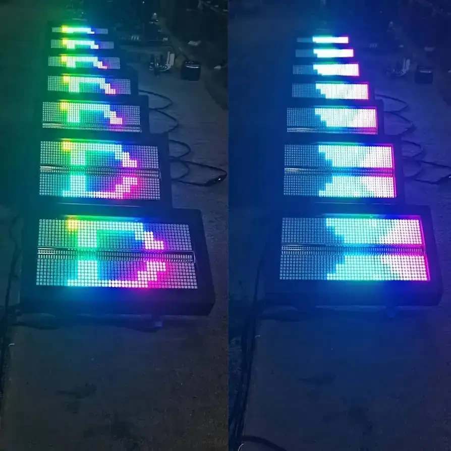 Luz estroboscópica LED de 1400 W   PANTALLA DIGITAL PROFESIONAL, ESTROBO LED DE 1400W RGBW PARA ESCENARIO  FORMAS Y USO CONTROL DJ MAS DE 1000 FORMAS A PROGRAMAR DEPENDE EL CLIENTE  Los más destacados   Color Negro - Forma Rectangular Material Metal Plástico Tipo de acabado Pintado Tipo de fuente de luz Diodo emisor de luz Material de la pantalla Metal  Fuente de luz: 256 abalorio LED blancas 3030 de 1 W, 864 abalorio LED 5050 RGB 3 en 1 de 0,2 W Efecto: 96 segmentos RGB+32 segmentos W+teñido+intermitente Modo de canal DMX 512: CH04, CH17, CH145 Atenuador: 0-100% atenuación electroeica lineal Modo de control: DMX512, auto, maestro esclavo, sonido activo