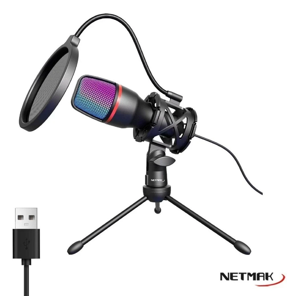Micrófono streaming con luces RGB, filtro pop y trípode