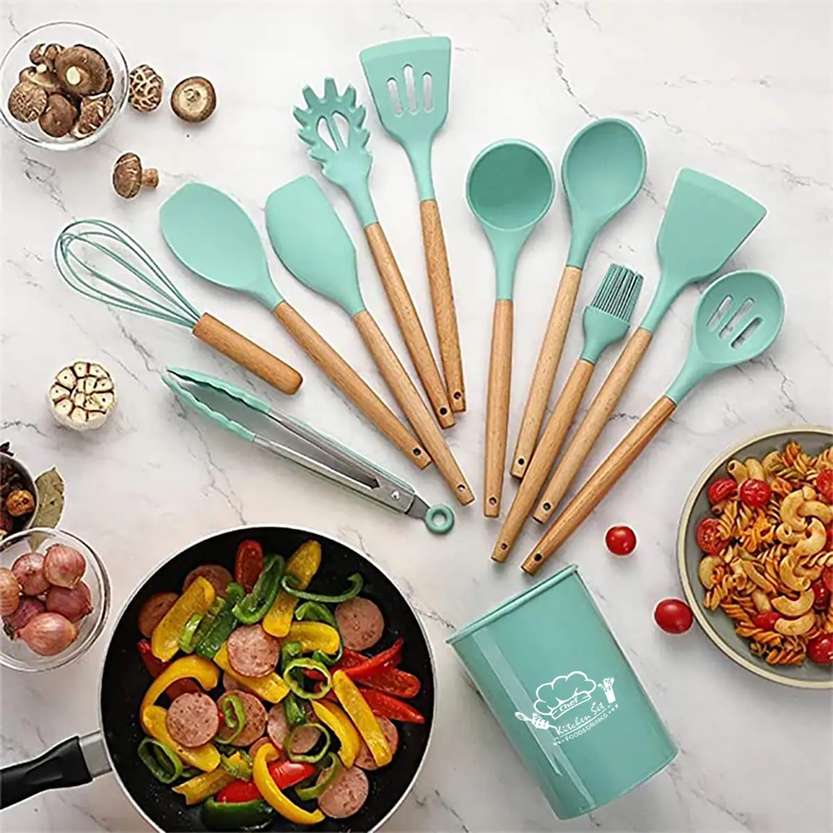 Juego de utensilios de cocina en silicón y madera  3