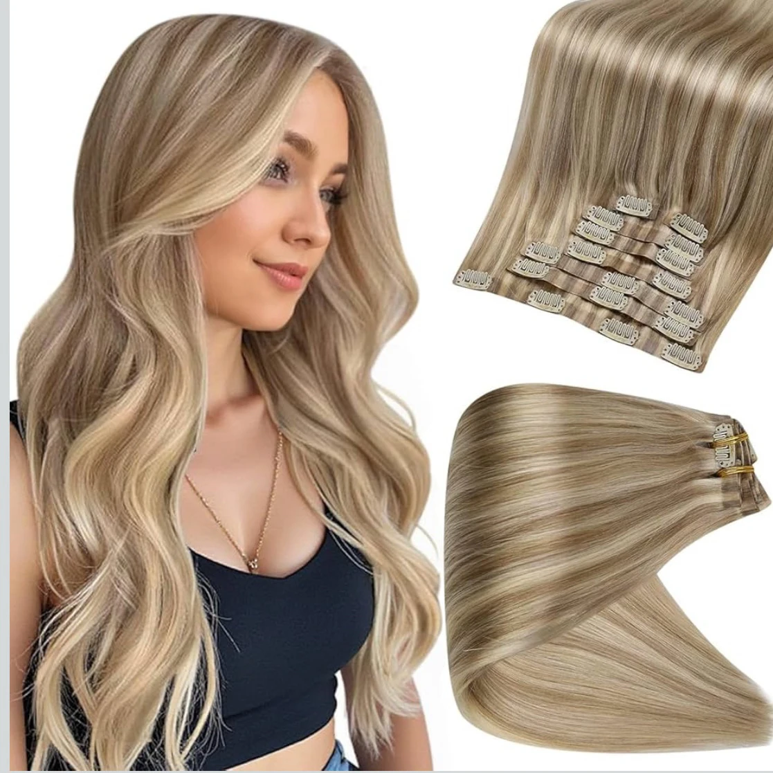 Extensiones de cabello humano Remy rubio con clip, 8 unidades de 14 pulgadas, 4.23 onzas, color rubio ceniza 18 y reflejos 613, cabello lacio