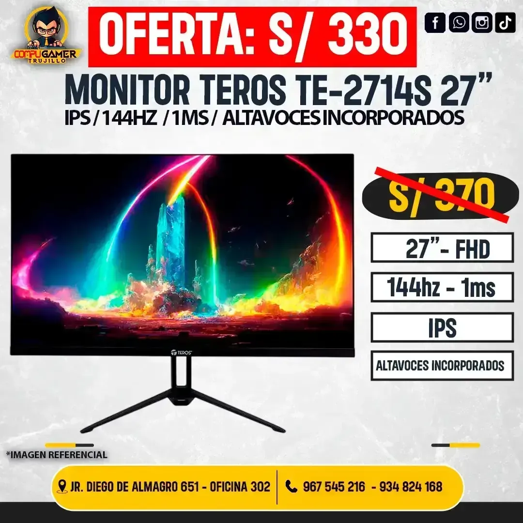 MONITOR TEROS TE-2714S 27", FHD, IPS, 144HZ, 1MS, PLANO 