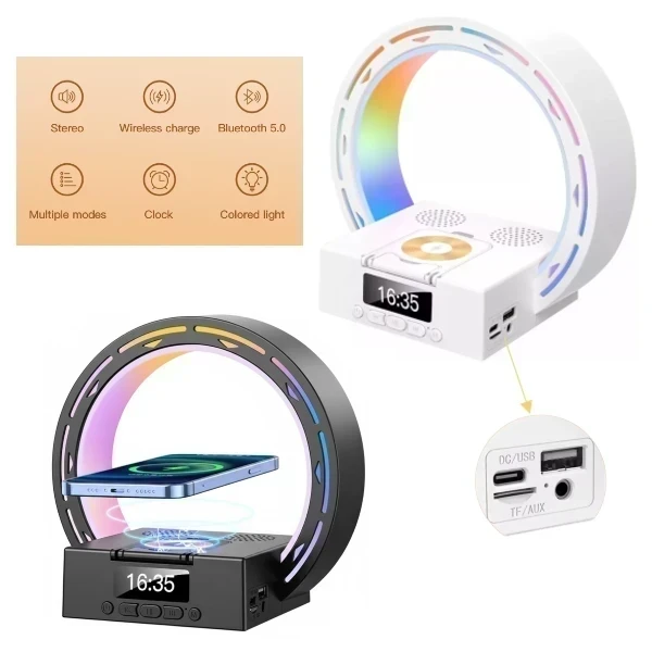 Parlante Bluetooth / Lampara Luz Led  / Reloj Con Alarma Despertador / Carga Inalámbrica QI 15W