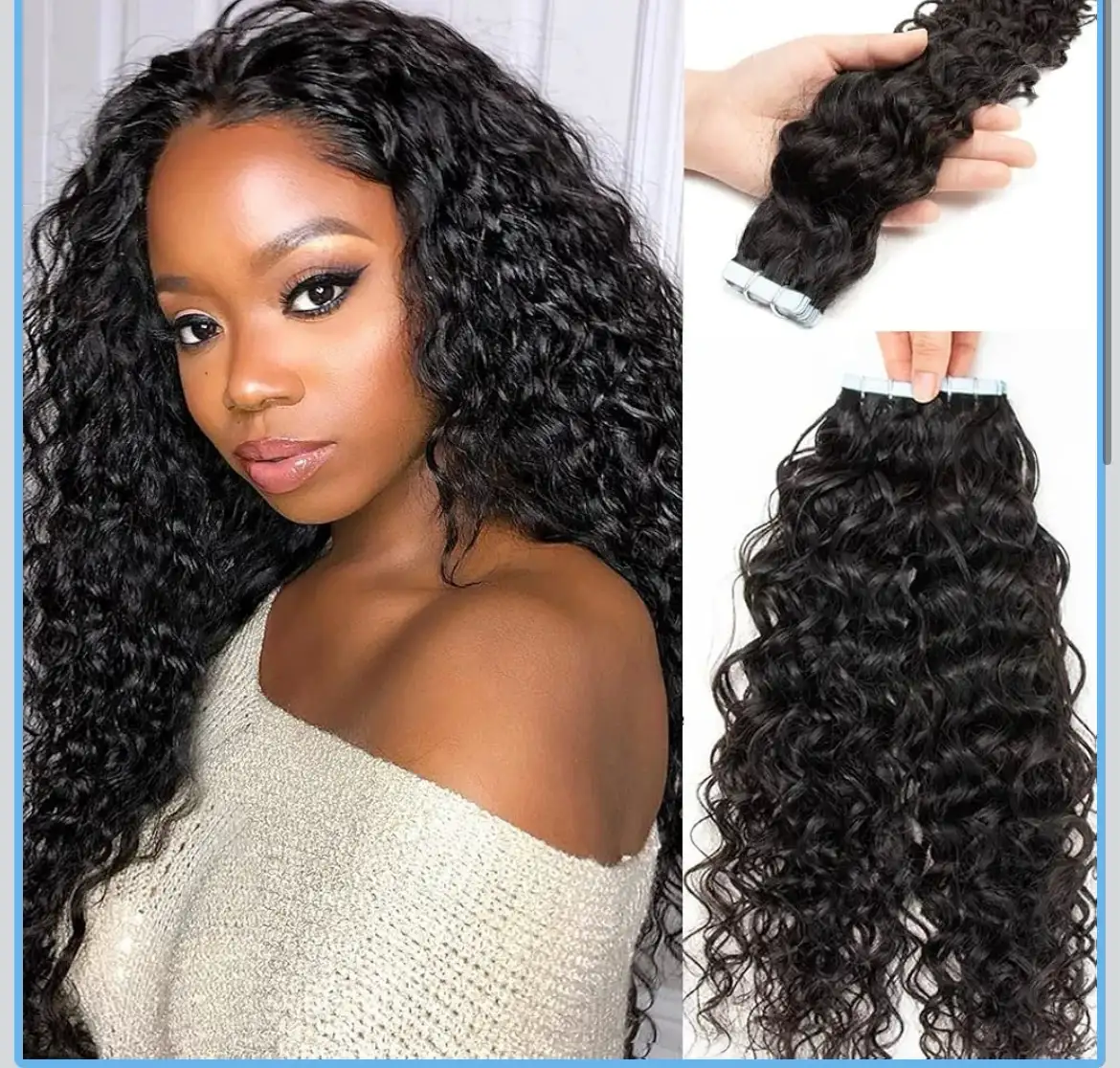 Extensiones de cabello con cinta adhesiva de onda de agua, 24 pulgadas, cinta PU rizada en extensiones de cabello humano, cintas rizadas invisibles en extensiones de piel de weft, 20