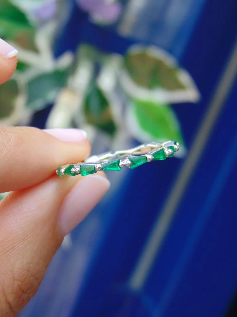 ANILLO PLATA LEY 925 DELGADO CIRCONES BAGUET VERDE TALLA 7 2