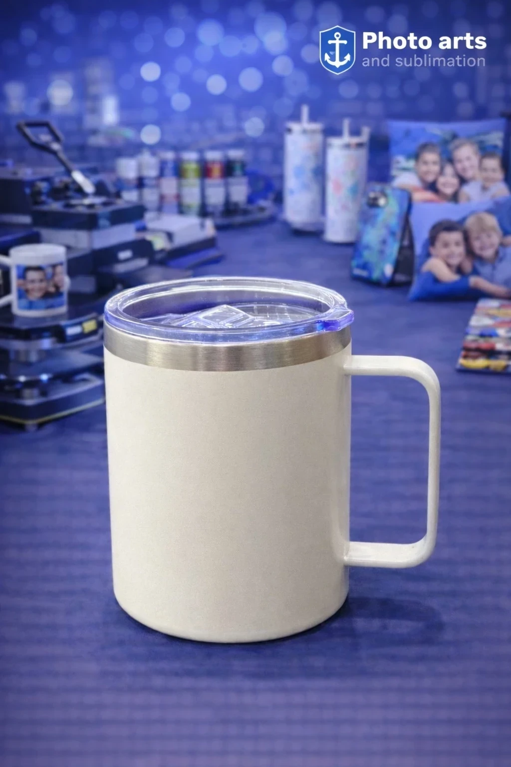 Mug Beige Mate Acero con Tapa Transparente 