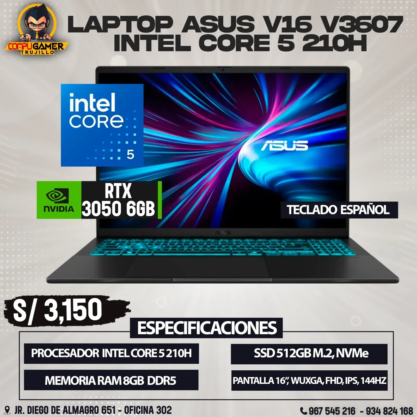 LAPTOP ASUS V16 V3607 INTEL CORE 5 210H, RAM 8GB, SSD 512GB, PANTALLA 16"