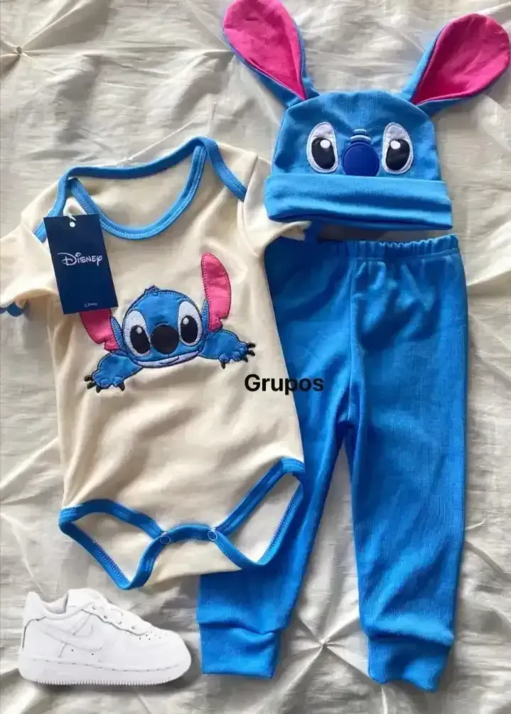 Set de 3 piezas pantalón, pañalero y gorrito Stitch 6-8 m