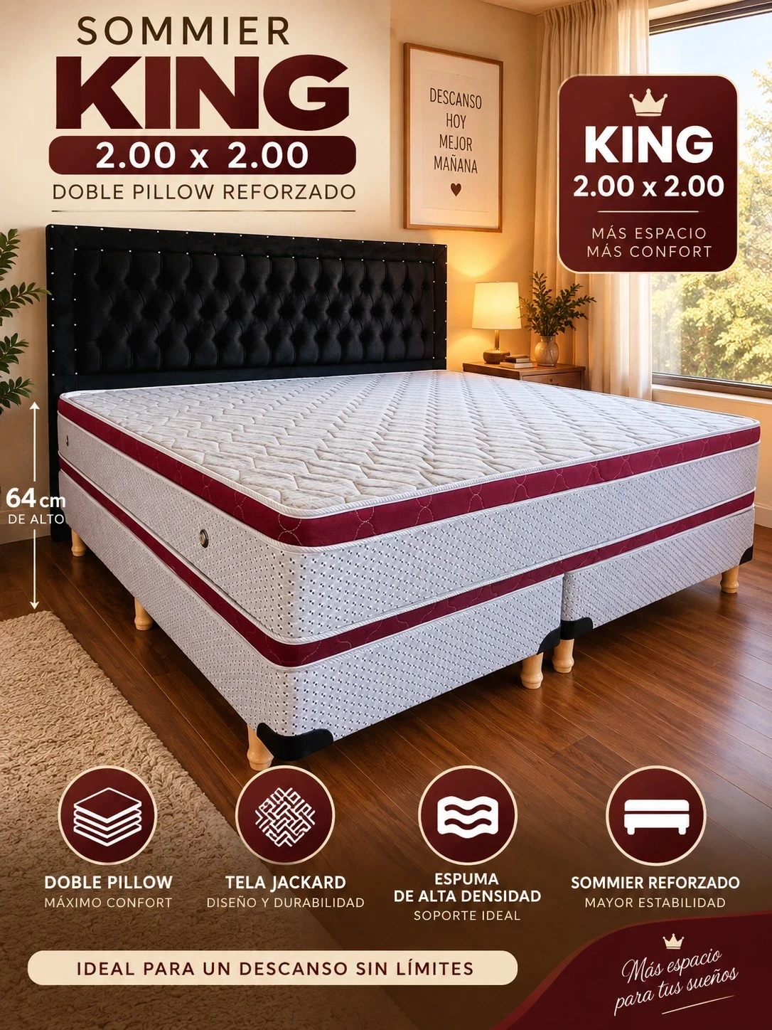  SOMMIER KING 2,00 × 2,00 — DOBLE PILLOW REFORZADO  CONSULTAR DISPONIBILIDAD CON EL VENDEDOR