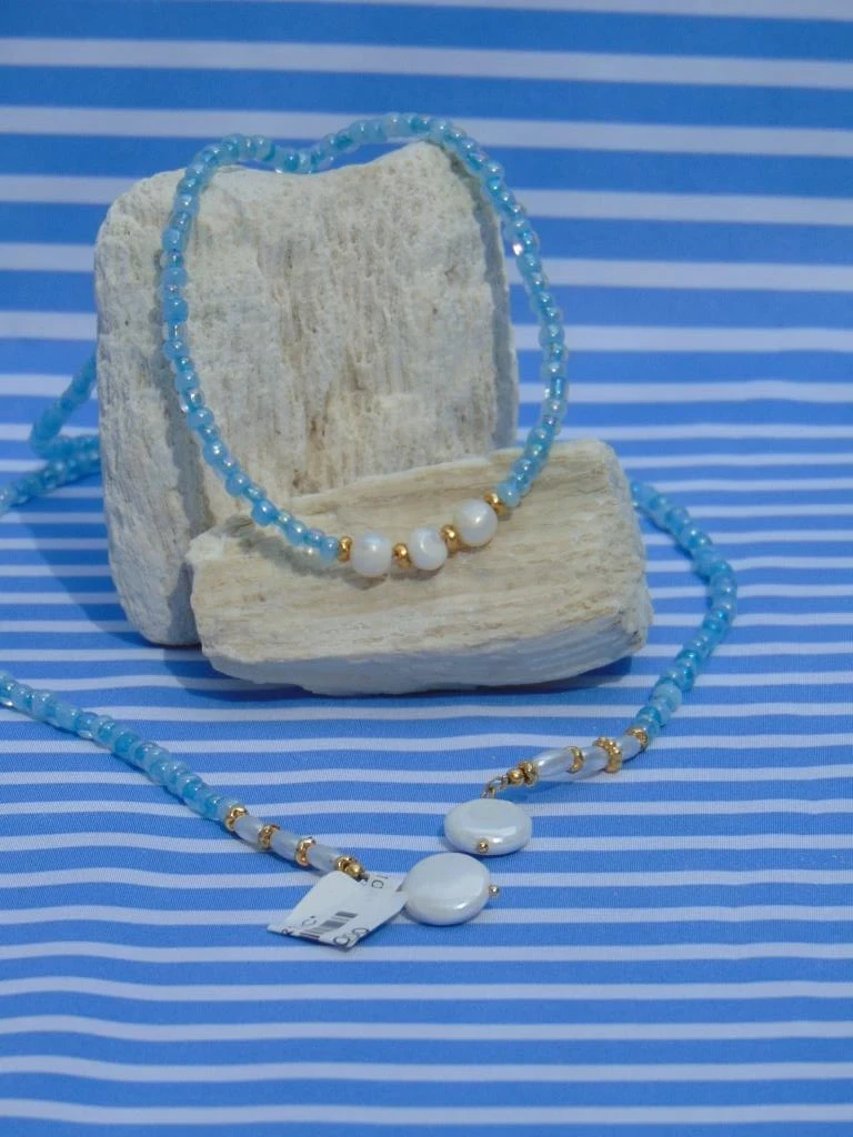CHOKER ACERO DOR LARGO MOSTACILLA AZUL HIELO PERLA 3