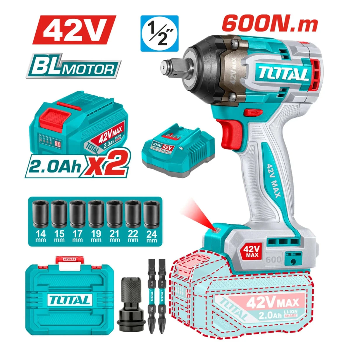 Llave de impacto 1/2'' 600nm + 2 batería y cargador 42v total SKU: TIWLI42602