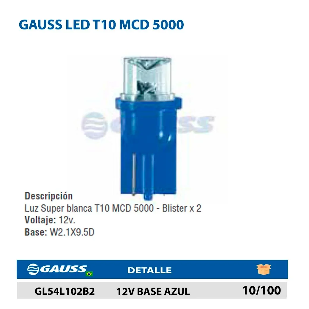 GAUSS LED T10 MCD 5000 12V BASE AZUL